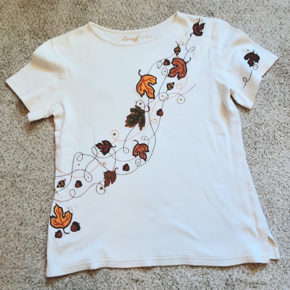Coral Bay Embellished Short Sleeve Round Neck Tee Fall Leaves Design Sz S - Picture 1 of 8